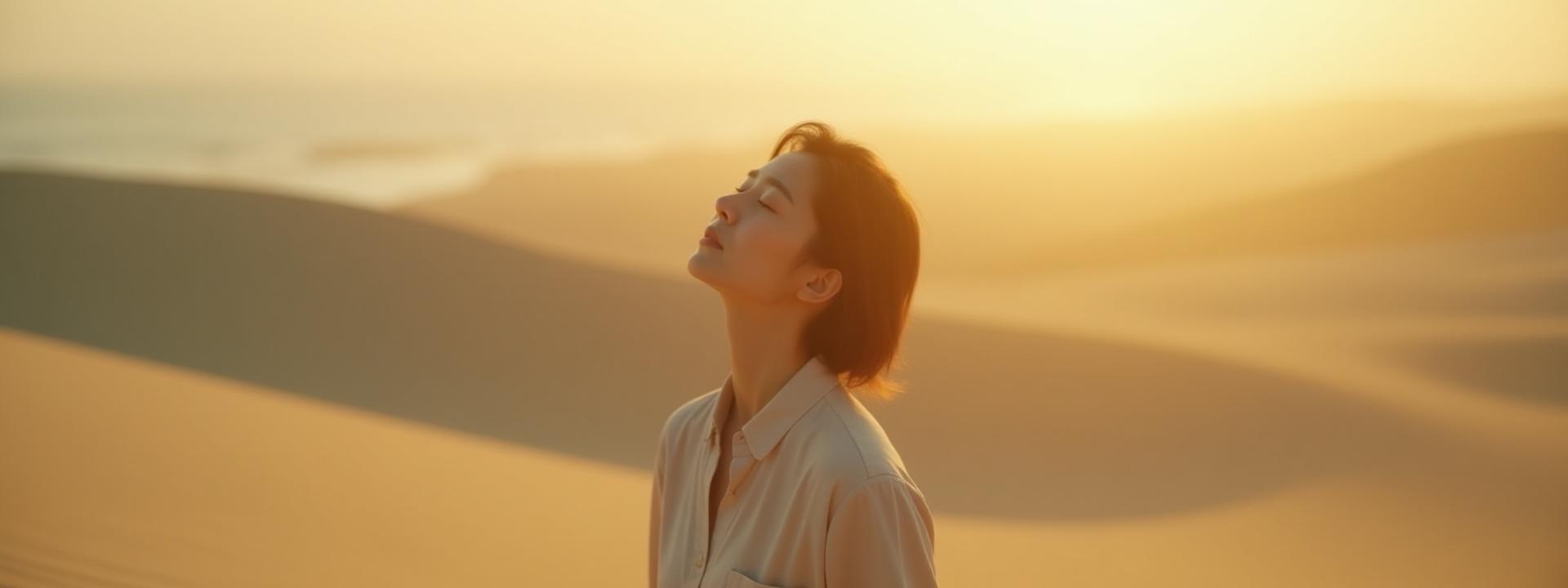 고요한 자연 속에서 눈을 감고 깊이 숨 쉬는 중년 여성의 모습